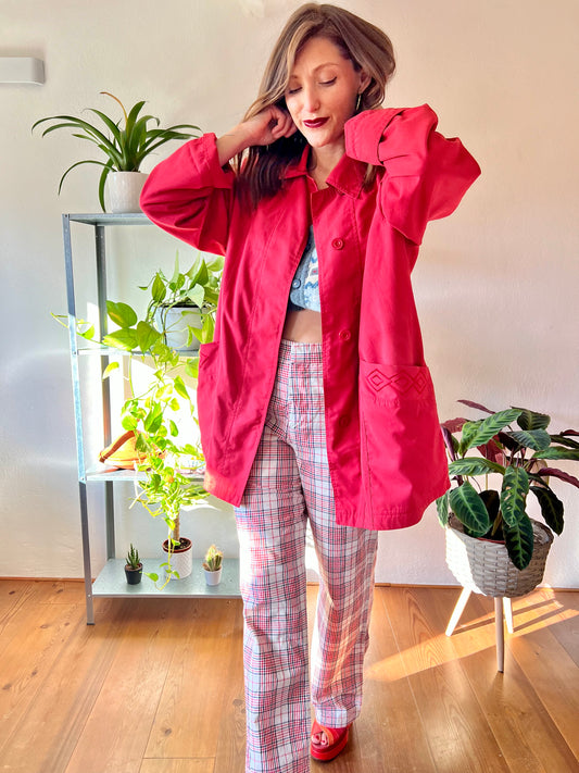 1970's vintage cherry red water resistant trench coat with embroidered detailing