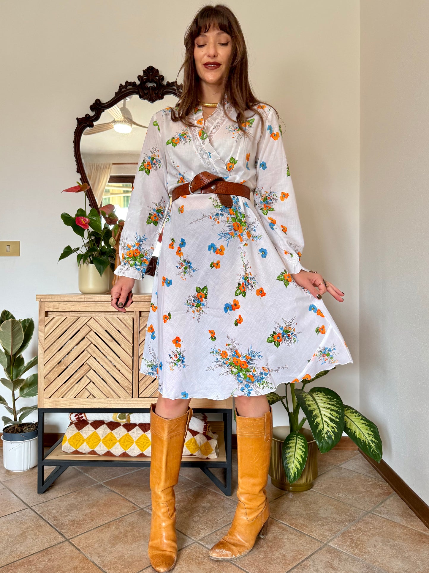 1970's vintage white, orange and blue floral prairie dress with lace and ruffle trim