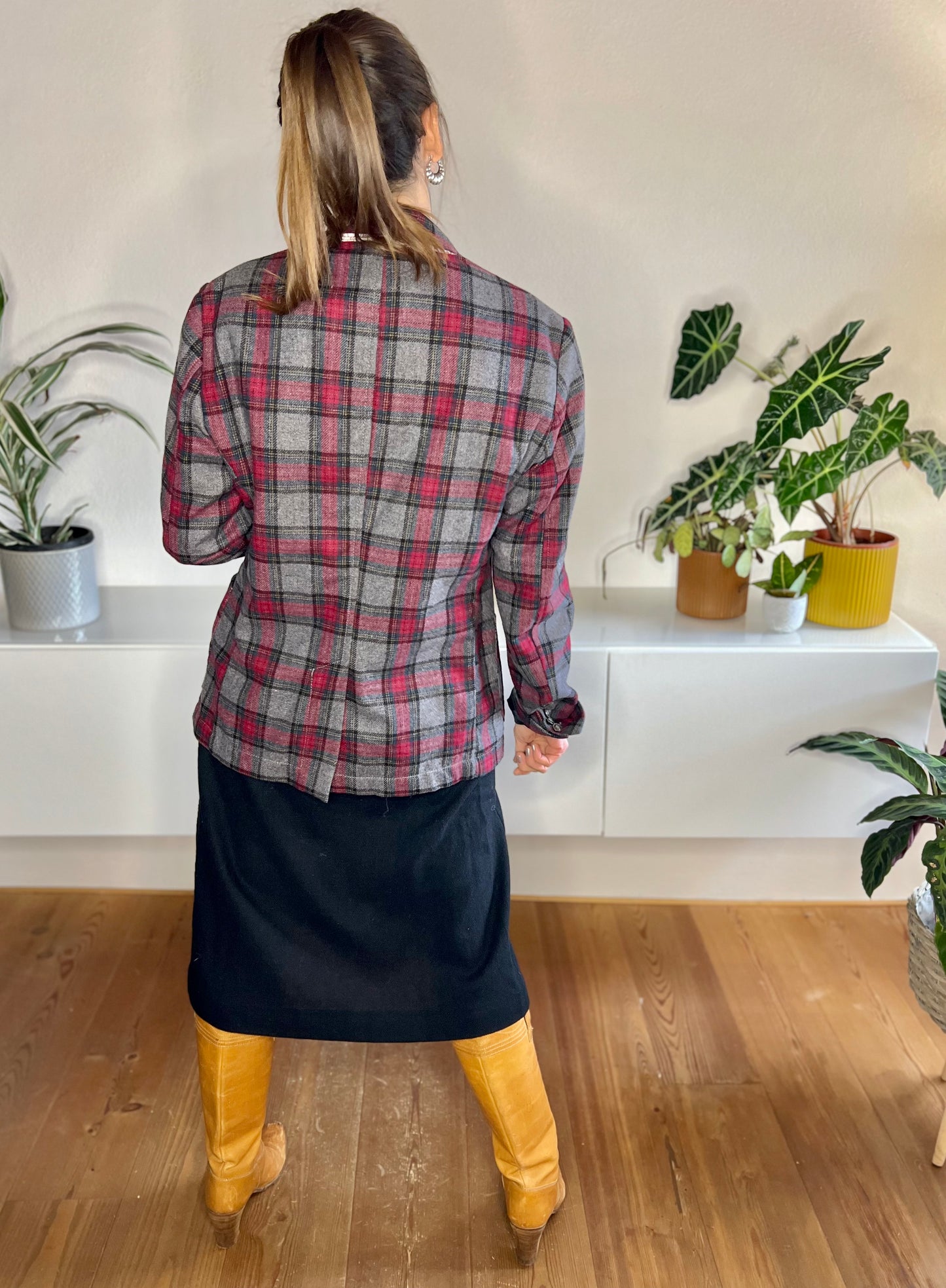 1990's vintage grey and burgundy oversize plaid blazer