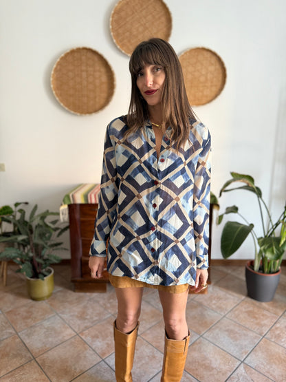1970's vintage sheer multi tonal blue and tan geometric print blouse