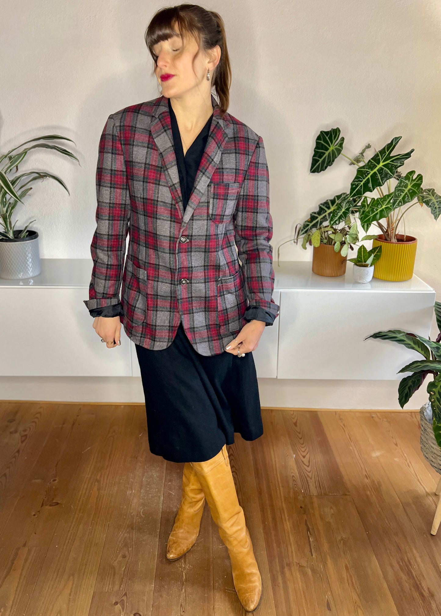 1990's vintage grey and burgundy oversize plaid blazer