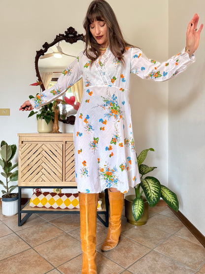 1970's vintage white, orange and blue floral prairie dress with lace and ruffle trim