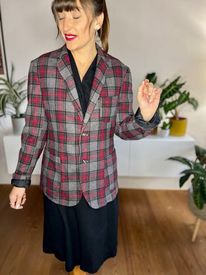 1990's vintage grey and burgundy oversize plaid blazer