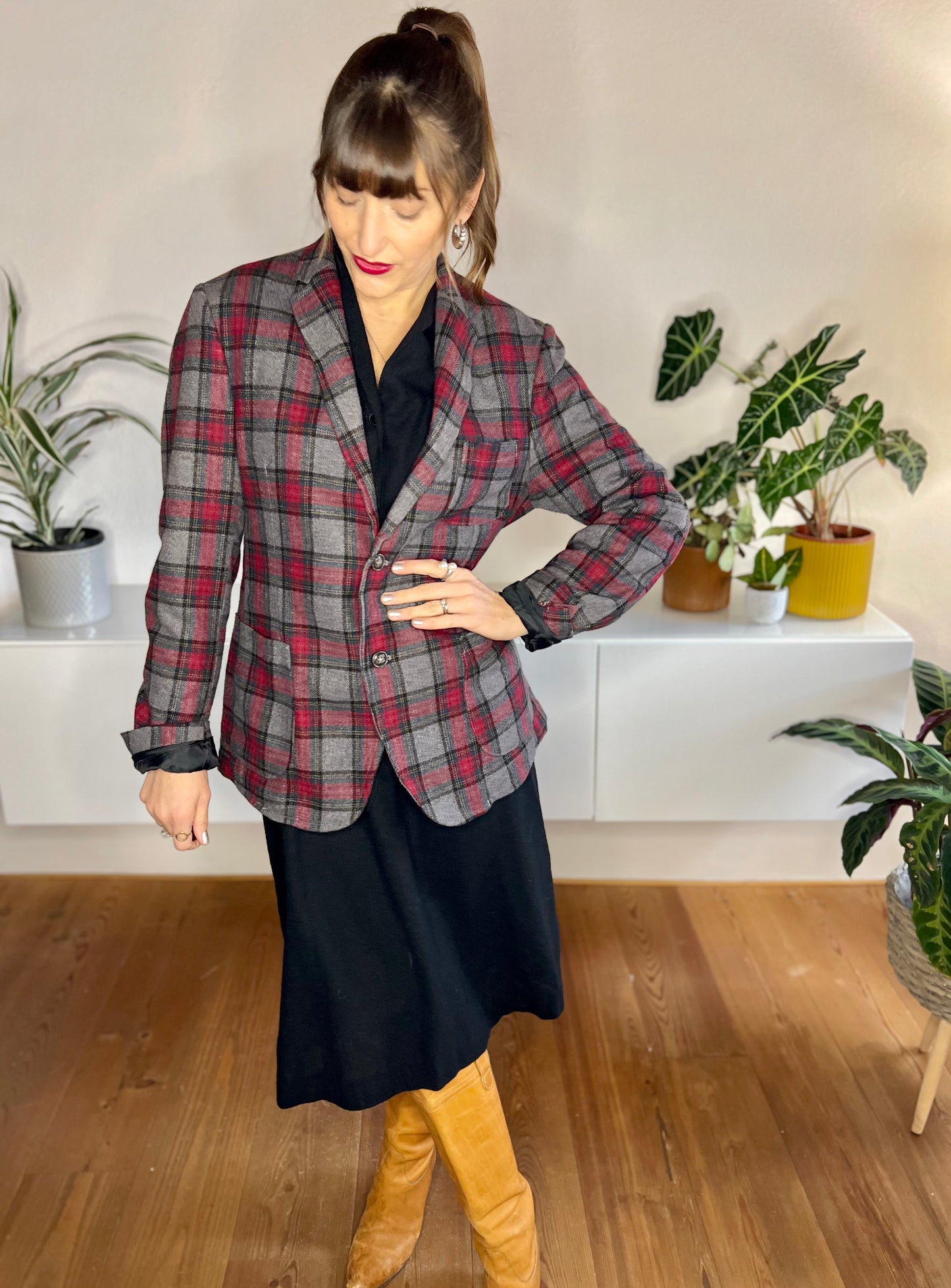 1990's vintage grey and burgundy oversize plaid blazer