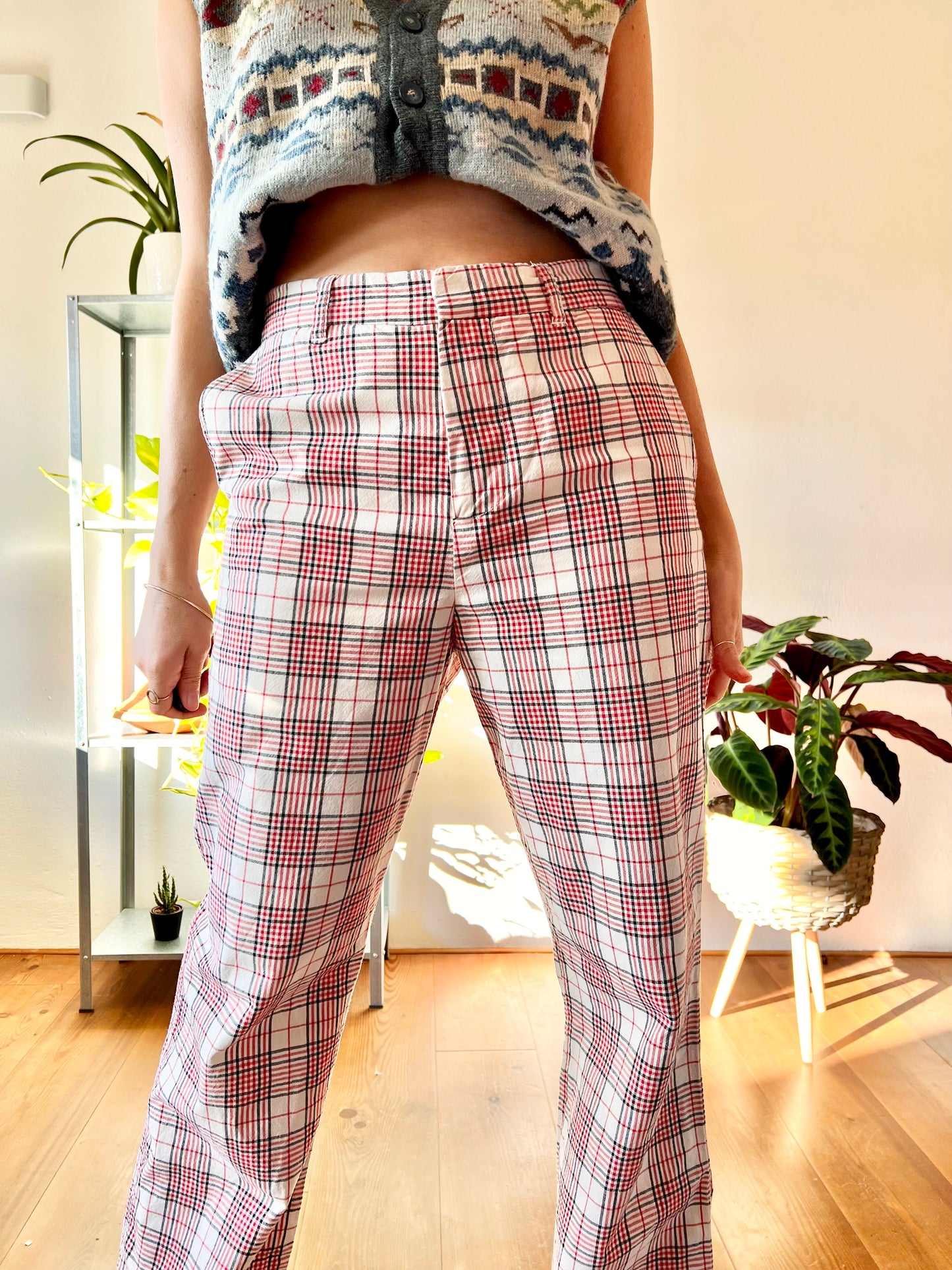 1970's vintage high waisted red and navy plaid wide leg trousers