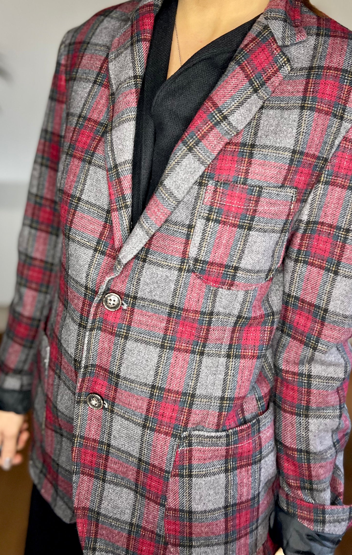 1990's vintage grey and burgundy oversize plaid blazer