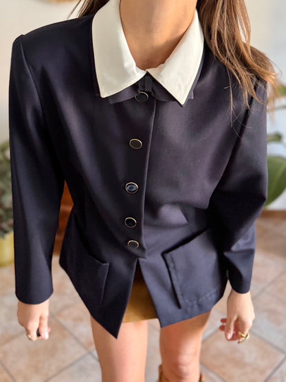 1970's vintage navy blue wool blazer with white collar and bow details