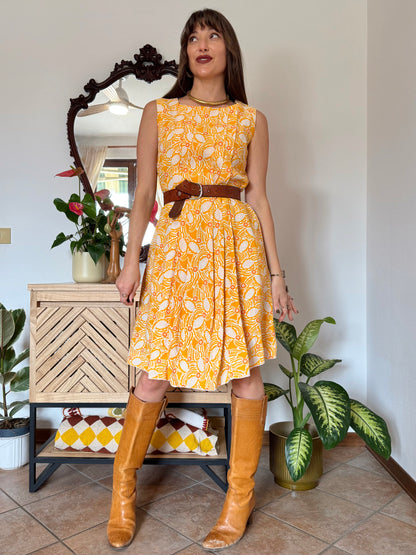 1960's vintage yellow, cream and orange mod floral pleated midi dress