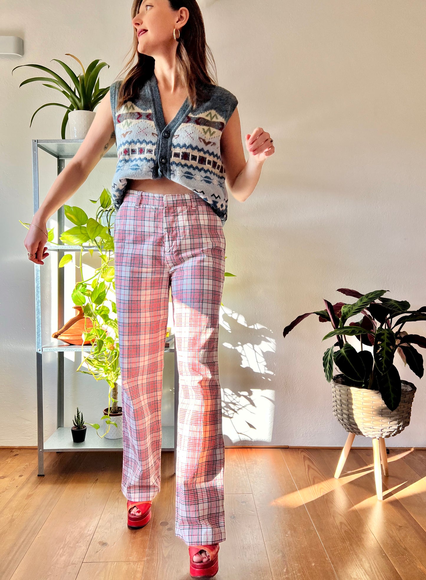 1970's vintage high waisted red and navy plaid wide leg trousers