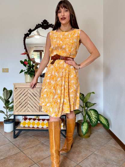1960's vintage yellow, cream and orange mod floral pleated midi dress