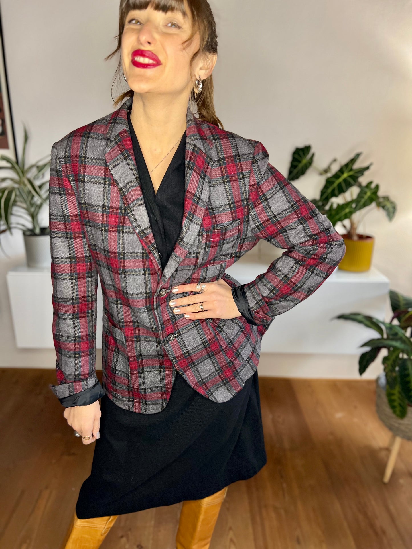 1990's vintage grey and burgundy oversize plaid blazer