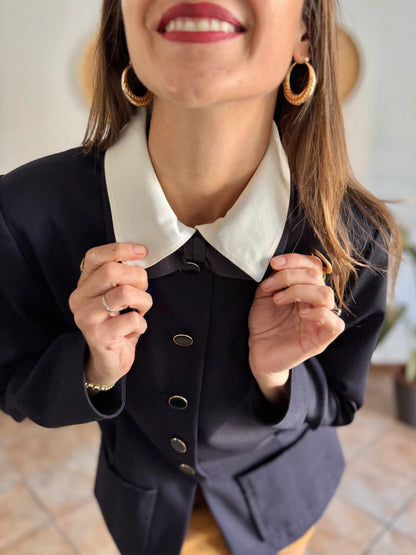 1970's vintage navy blue wool blazer with white collar and bow details