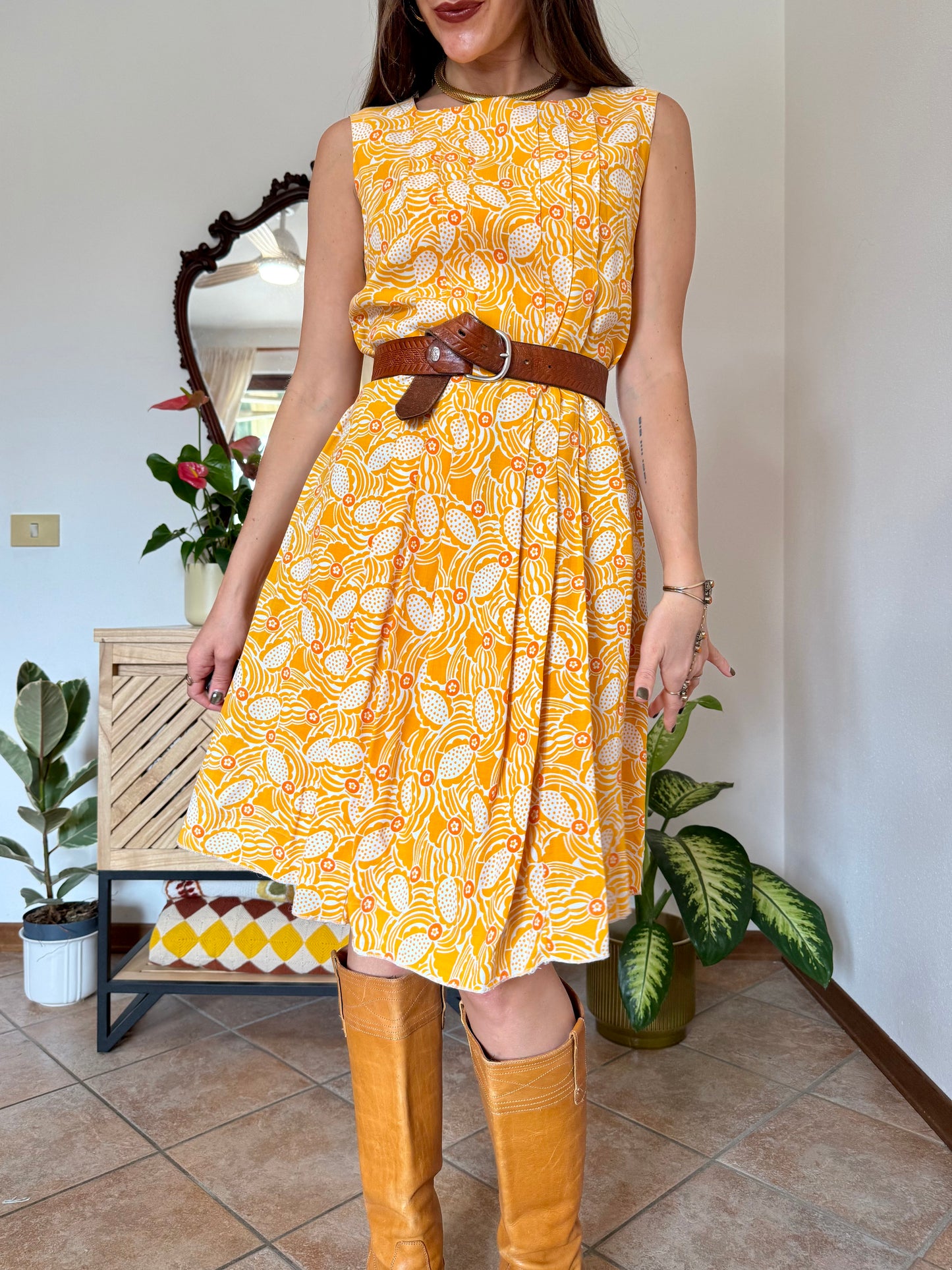 1960's vintage yellow, cream and orange mod floral pleated midi dress