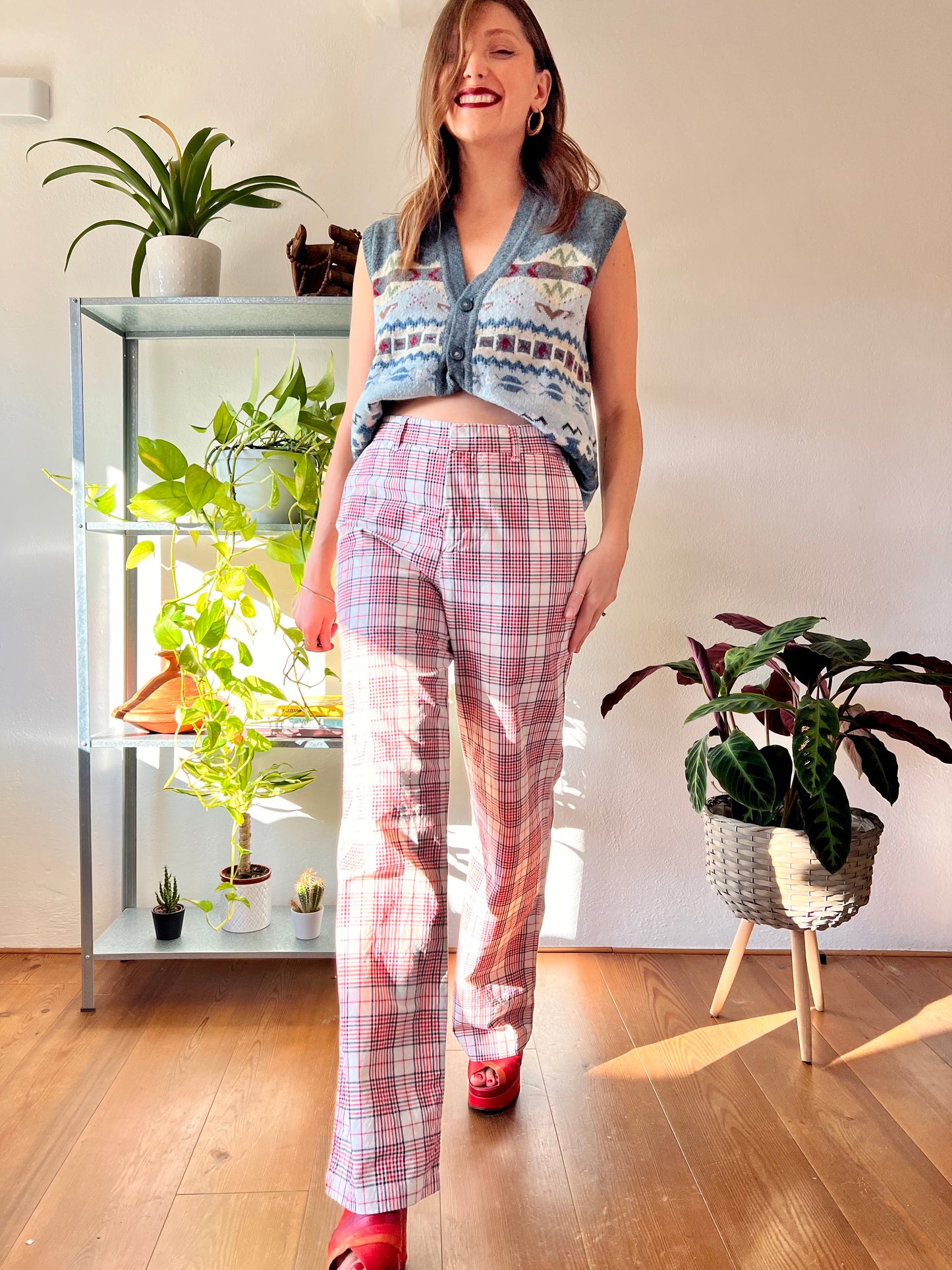 1970's vintage high waisted red and navy plaid wide leg trousers