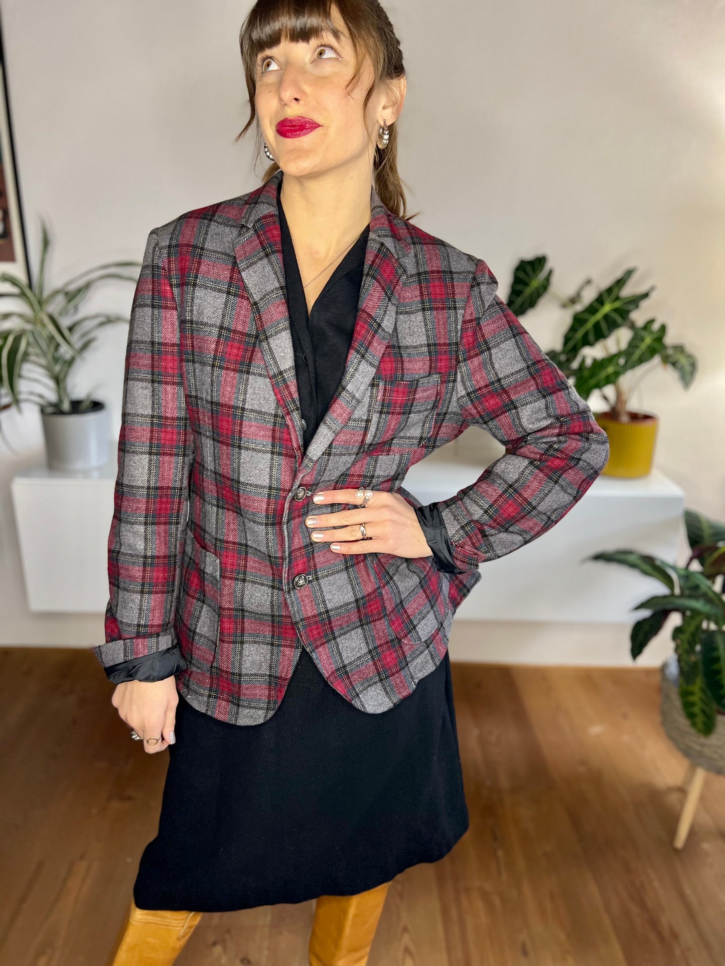 1990's vintage grey and burgundy oversize plaid blazer