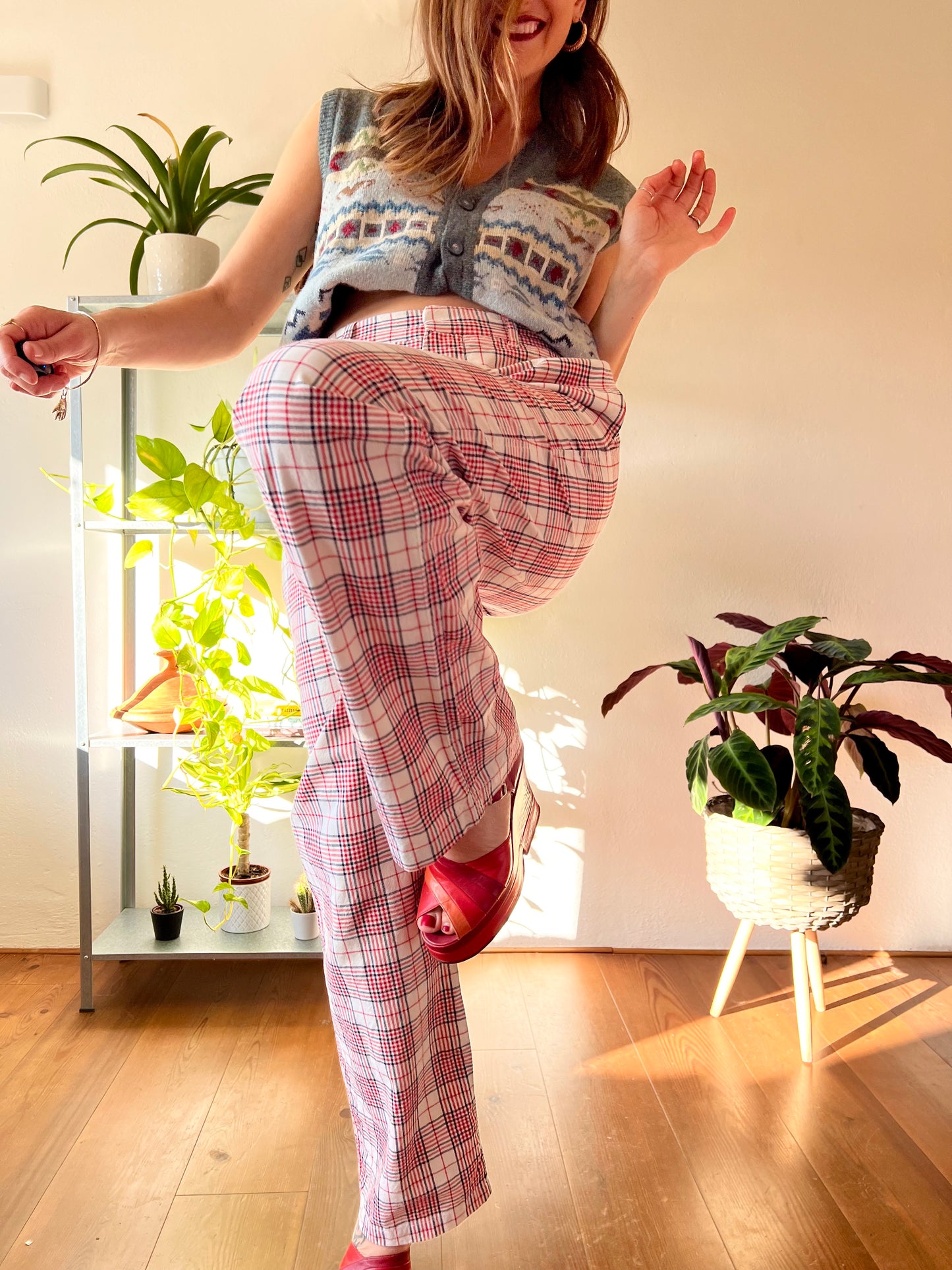 1970's vintage high waisted red and navy plaid wide leg trousers