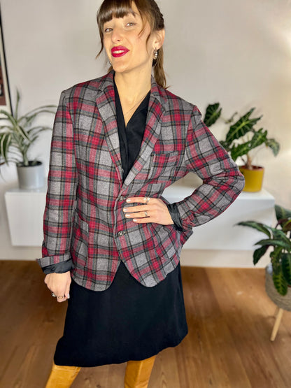 1990's vintage grey and burgundy oversize plaid blazer
