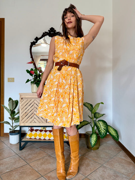 1960's vintage yellow, cream and orange mod floral pleated midi dress