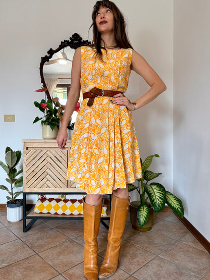 1960's vintage yellow, cream and orange mod floral pleated midi dress