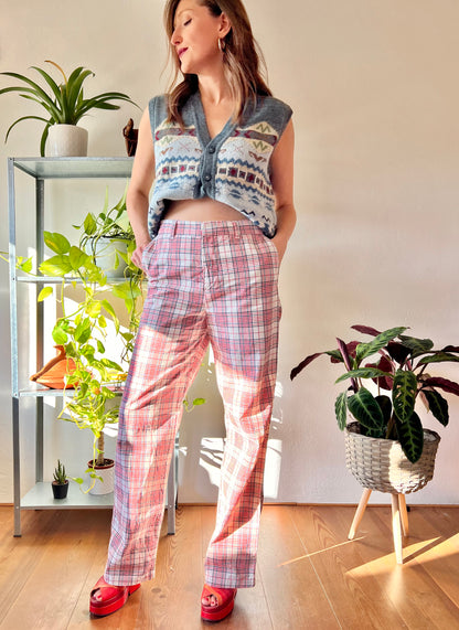 1970's vintage high waisted red and navy plaid wide leg trousers