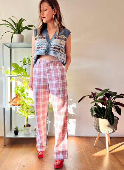 1970's vintage high waisted red and navy plaid wide leg trousers