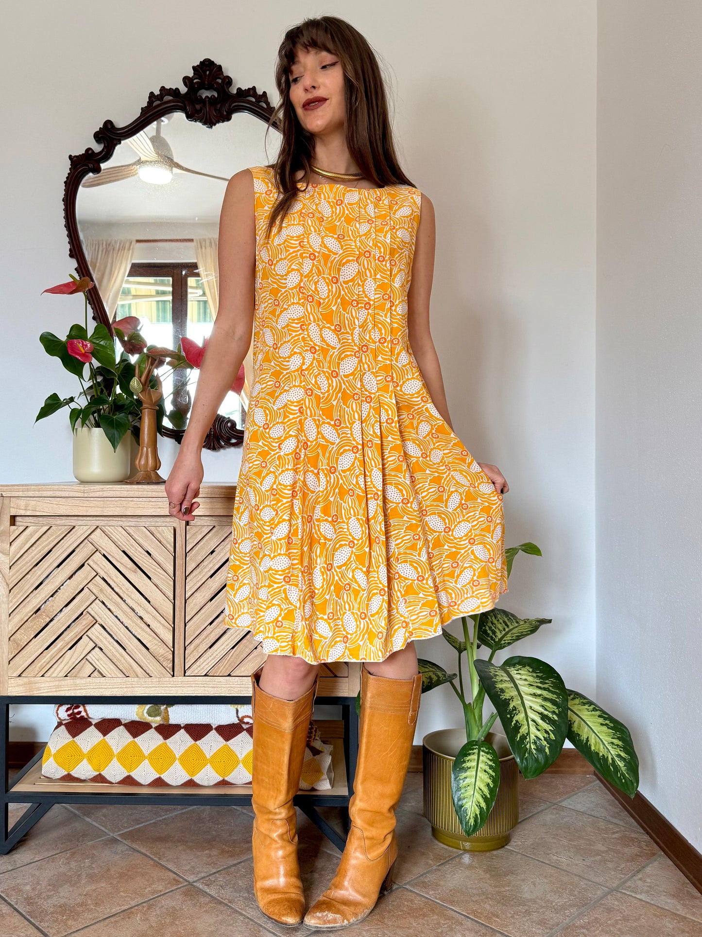 1960's vintage yellow, cream and orange mod floral pleated midi dress