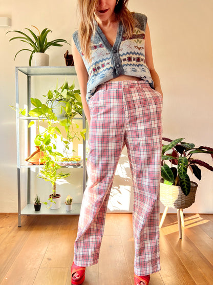 1970's vintage high waisted red and navy plaid wide leg trousers