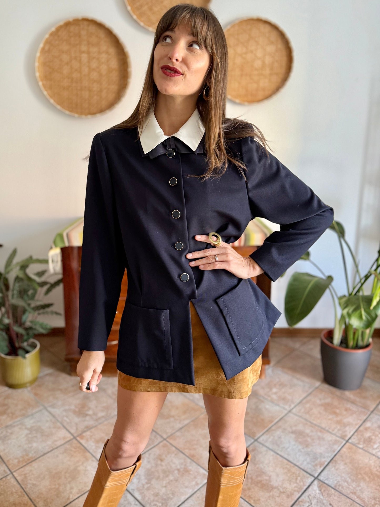 1970's vintage navy blue wool blazer with white collar and bow details