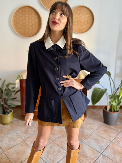 1970's vintage navy blue wool blazer with white collar and bow details