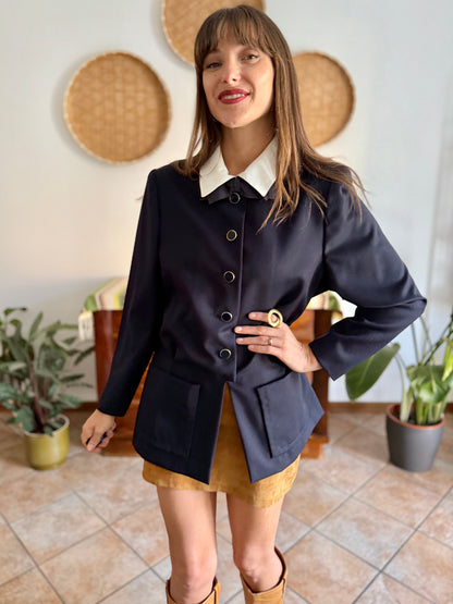 1970's vintage navy blue wool blazer with white collar and bow details