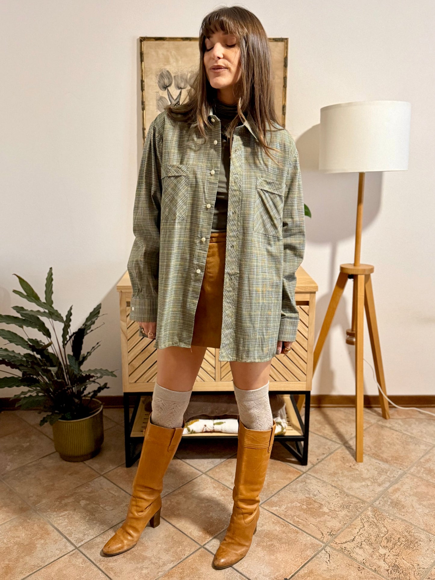 1970's vintage oversize brown, yellow and khaki plaid woven shirt