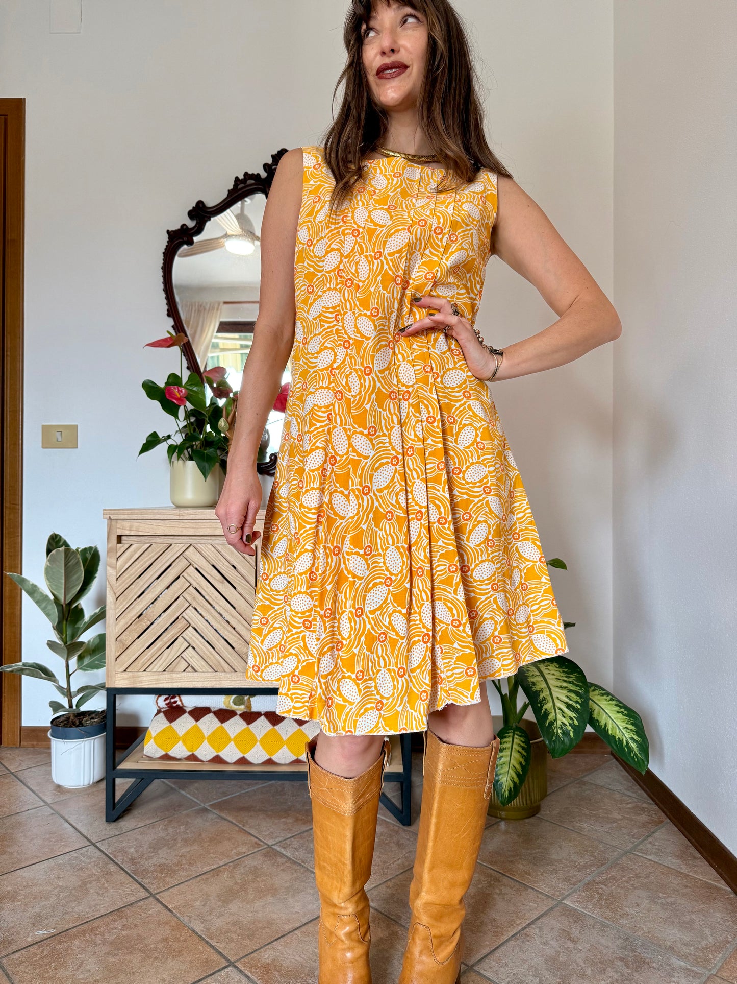 1960's vintage yellow, cream and orange mod floral pleated midi dress