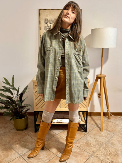 1970's vintage oversize brown, yellow and khaki plaid woven shirt