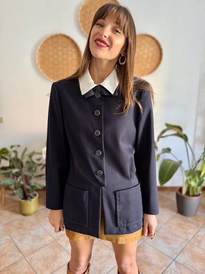 1970's vintage navy blue wool blazer with white collar and bow details