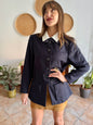 1970's vintage navy blue wool blazer with white collar and bow details