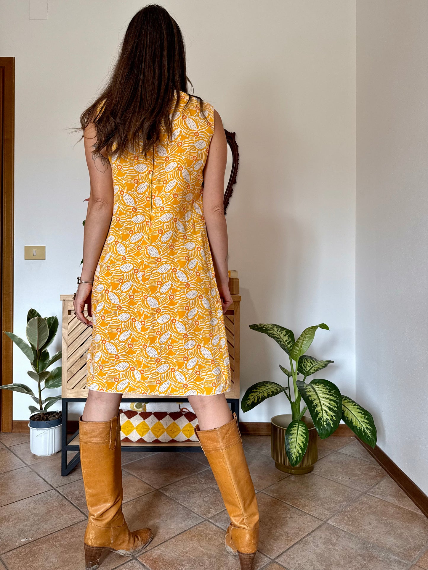1960's vintage yellow, cream and orange mod floral pleated midi dress