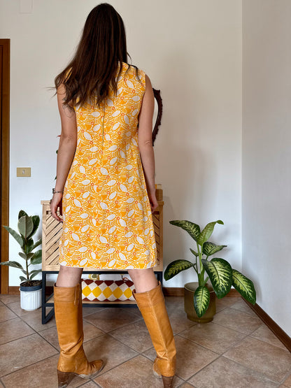 1960's vintage yellow, cream and orange mod floral pleated midi dress