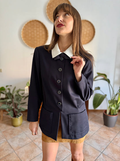 1970's vintage navy blue wool blazer with white collar and bow details