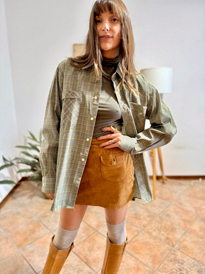 1970's vintage oversize brown, yellow and khaki plaid woven shirt