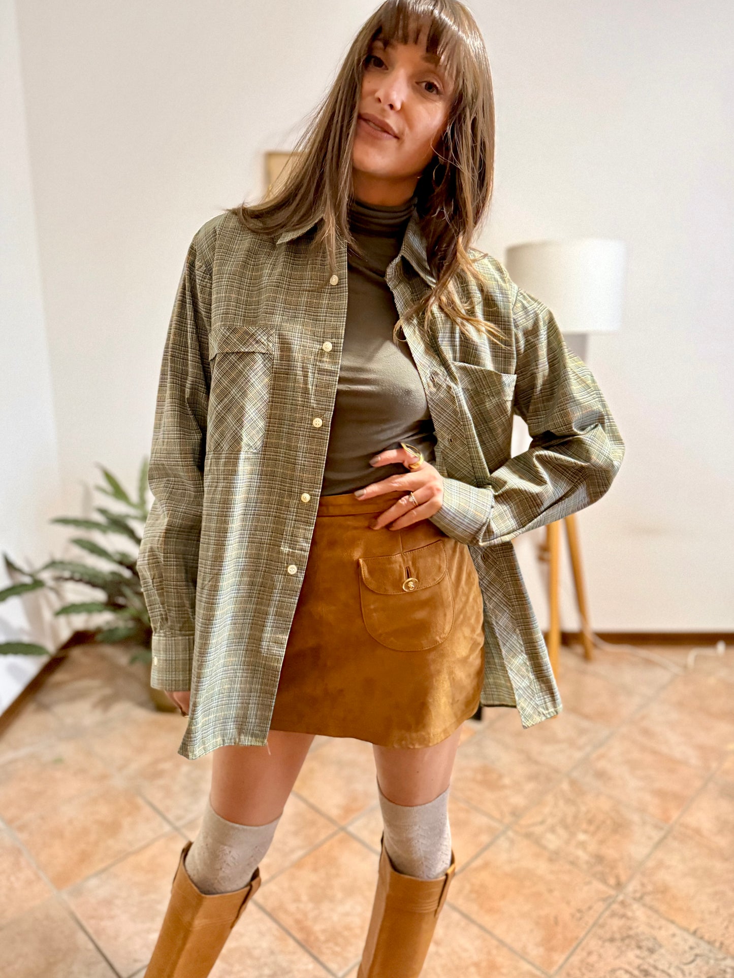 1970's vintage oversize brown, yellow and khaki plaid woven shirt