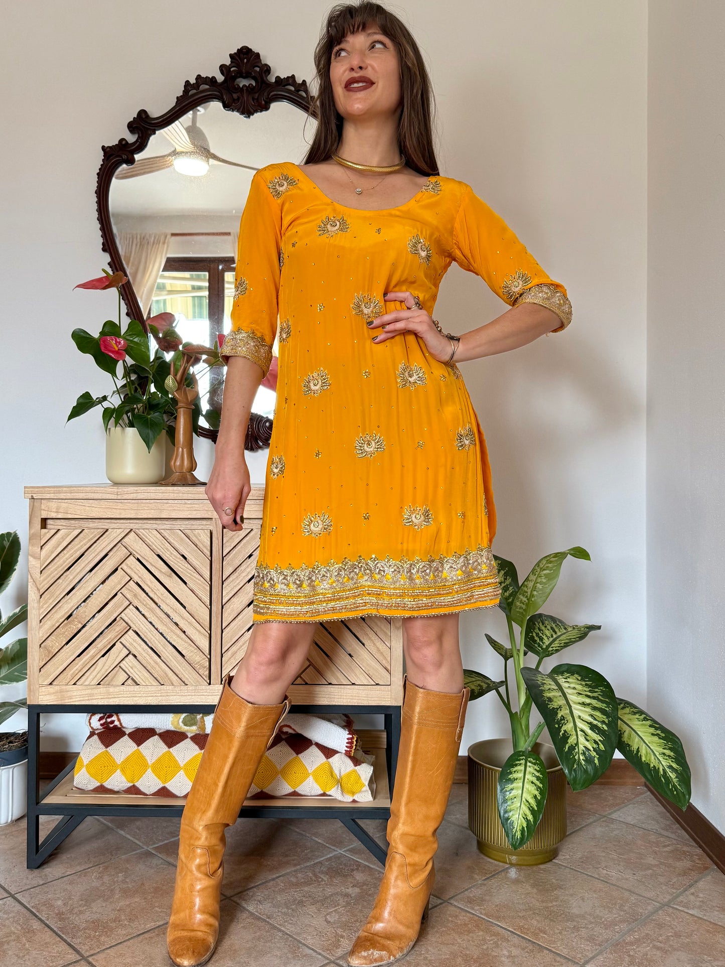 1970's vintage canary yellow silk mini dress with gold embelishments