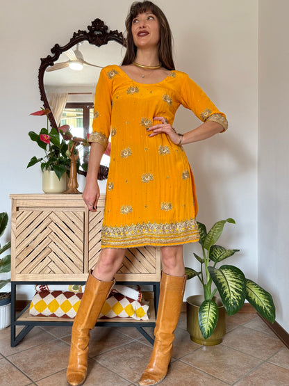 1970's vintage canary yellow silk mini dress with gold embelishments