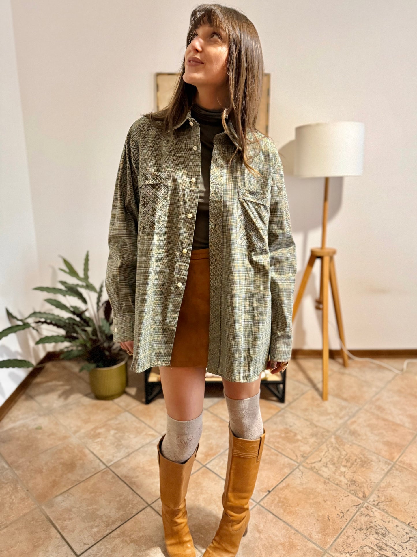 1970's vintage oversize brown, yellow and khaki plaid woven shirt