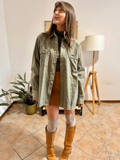 1970's vintage oversize brown, yellow and khaki plaid woven shirt