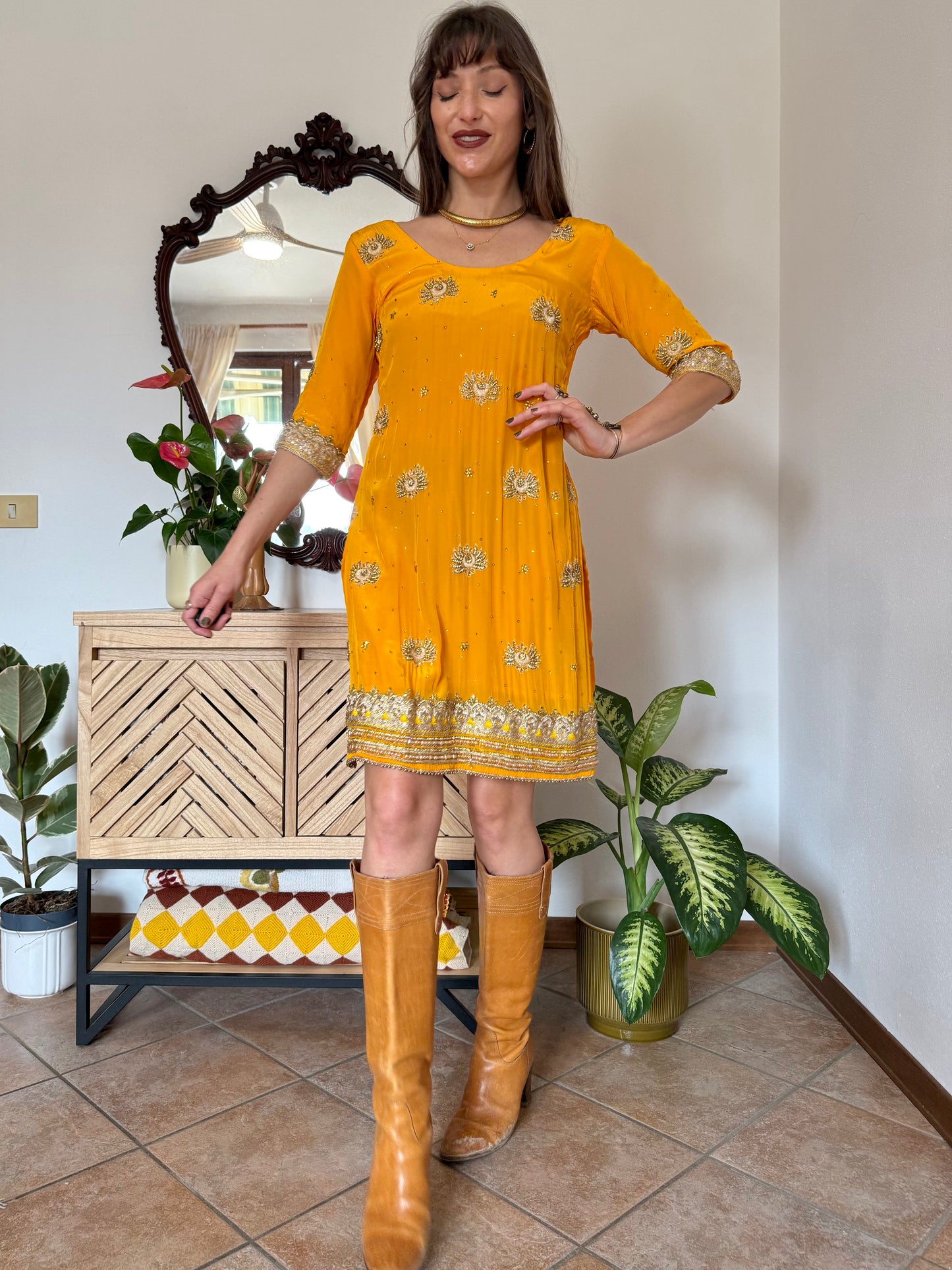 1970's vintage canary yellow silk mini dress with gold embelishments