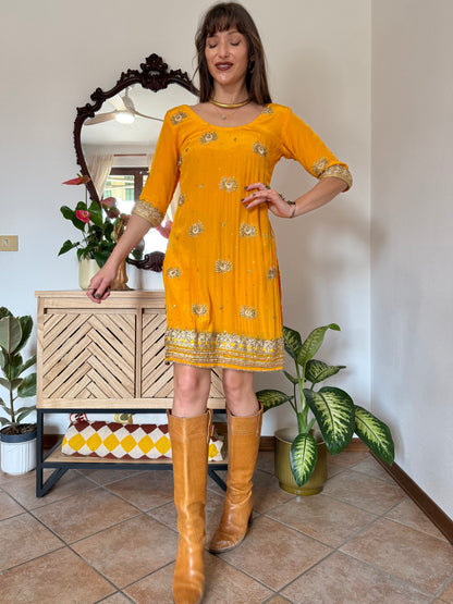 1970's vintage canary yellow silk mini dress with gold embelishments