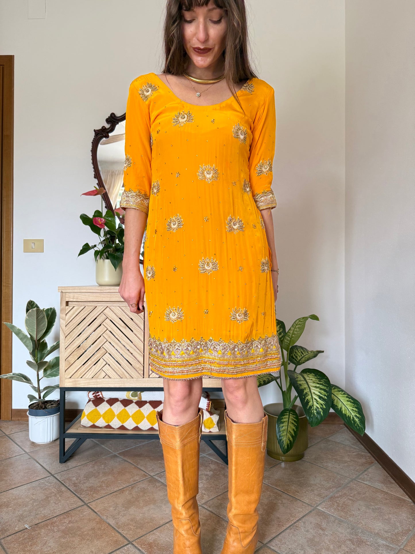 1970's vintage canary yellow silk mini dress with gold embelishments