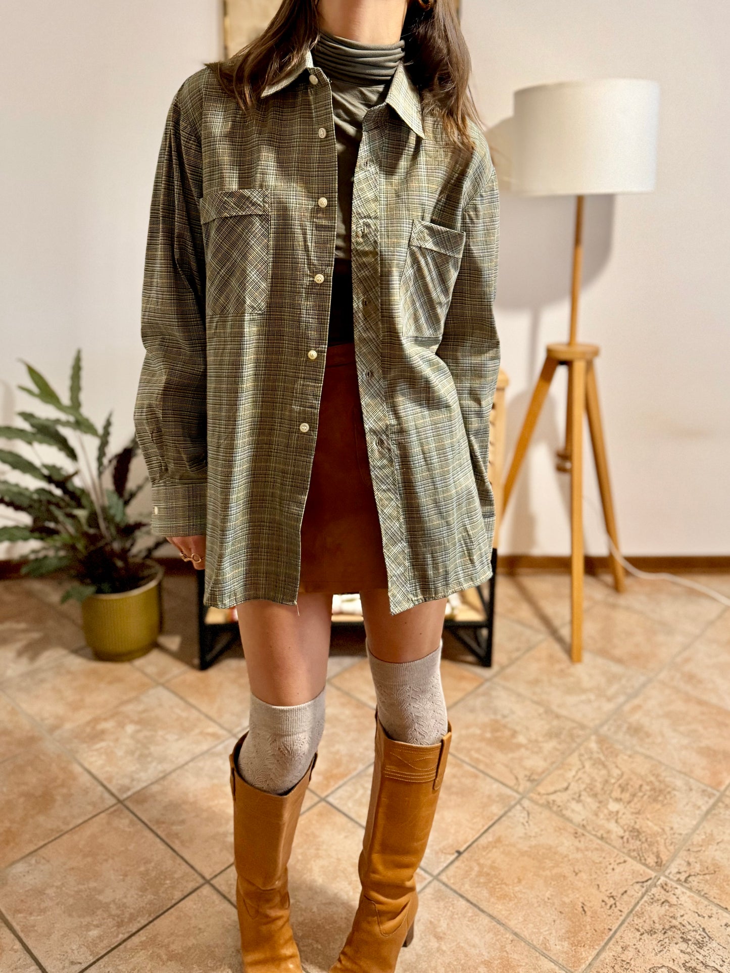 1970's vintage oversize brown, yellow and khaki plaid woven shirt