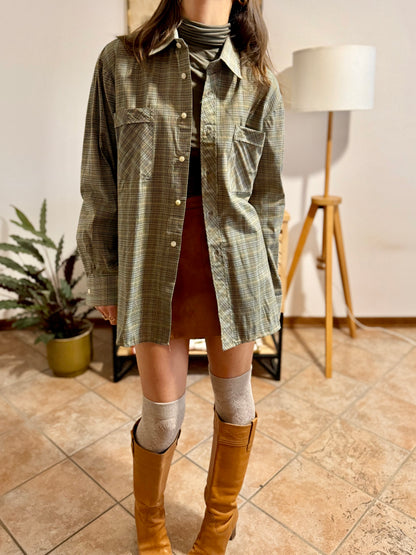 1970's vintage oversize brown, yellow and khaki plaid woven shirt