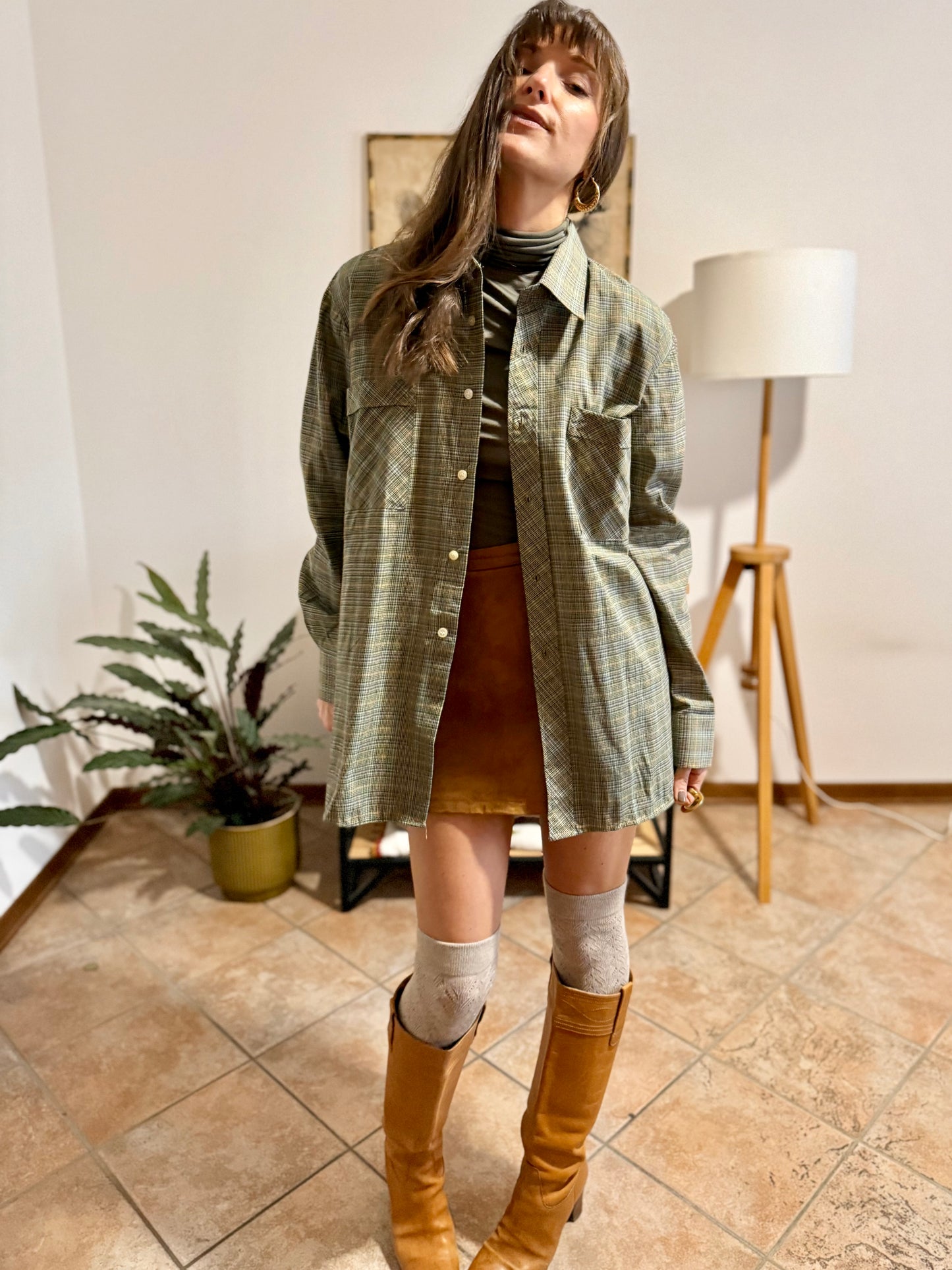 1970's vintage oversize brown, yellow and khaki plaid woven shirt